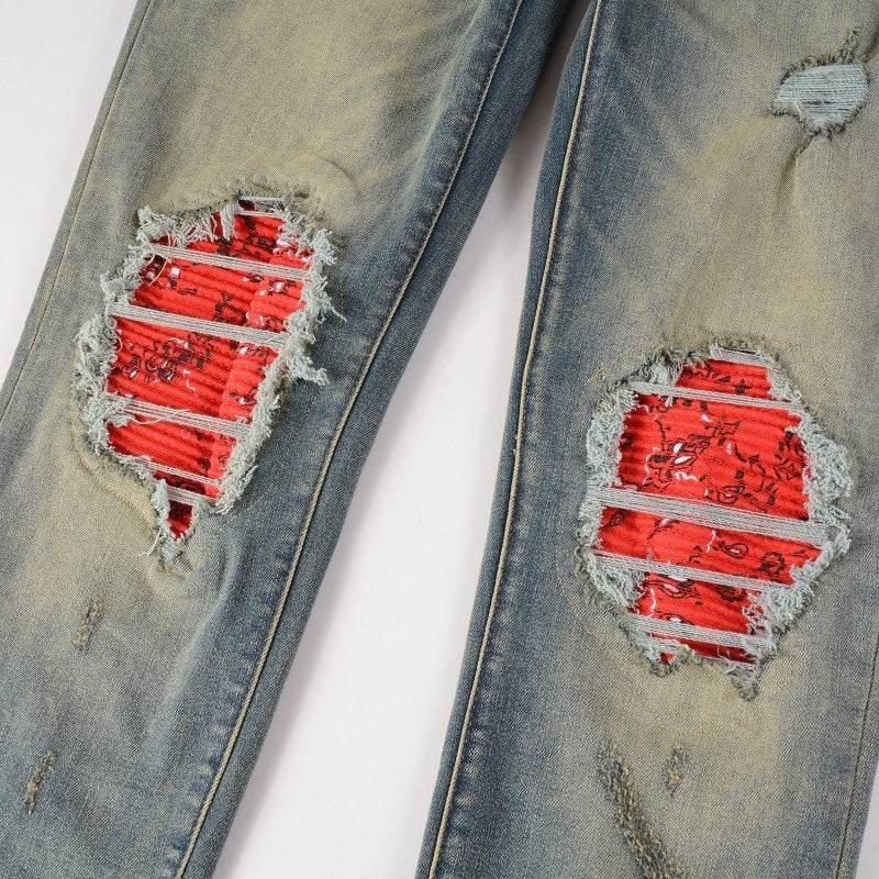 Men's Pleated Contrast Color Fit Jeans - Mubimart