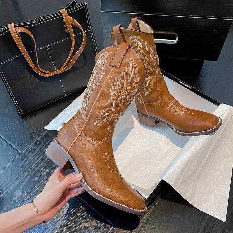 Women's Mid-calf Embroidered Martin Boots - Mubimart