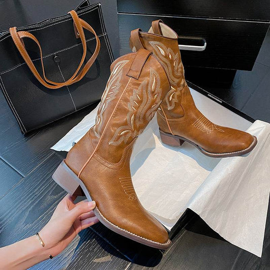 Women's Mid-calf Embroidered Martin Boots - Mubimart