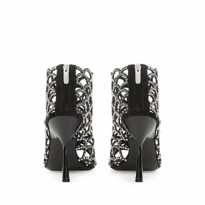 Women's Peep Toe Rhinestone Hollow High Heels - Mubimart