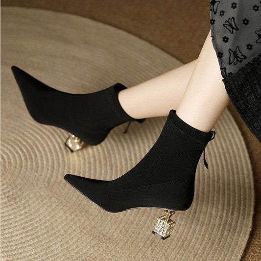 Women Pointed Toe Mid-calf High-heeled Skinny Boots - Mubimart