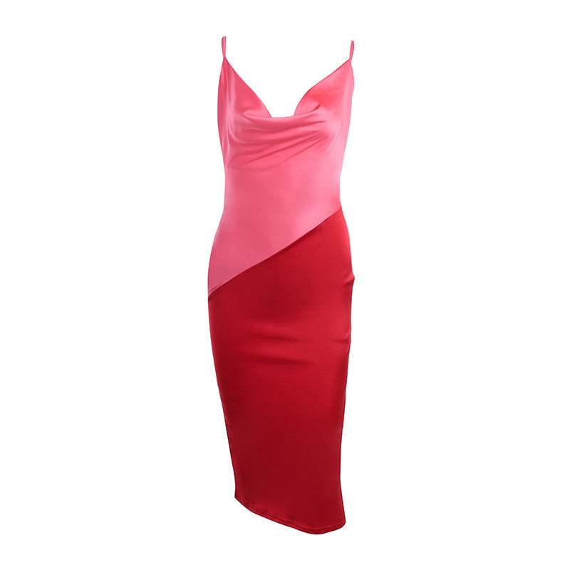 Irregular Colorblock Satin Slip Dress - Mubimart