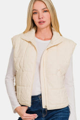 Zenana Zip Up Cropped Puffer Vest With Pockets