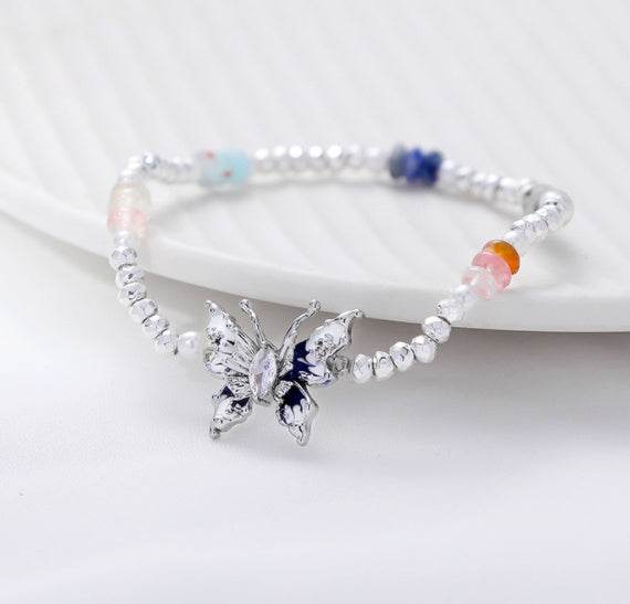Fancy Butterfly Drop Oil Beaded Bracelet Stretch Jewelry For Women - Mubimart