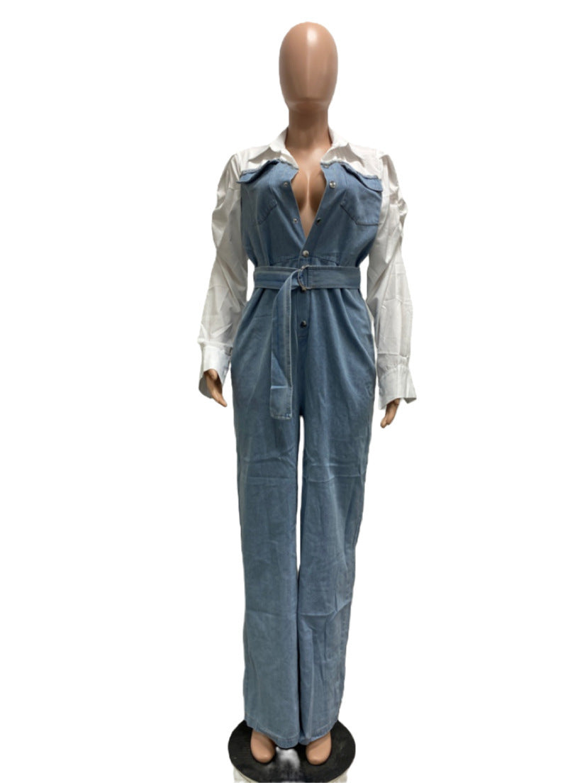 Casual Denim Stitching Plus Size Jumpsuit - Mubimart -  