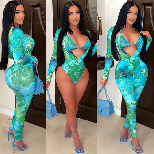 Women's Fashion Bodysuit Print Bodysuit Long Sleeve Pants Set - Mubimart