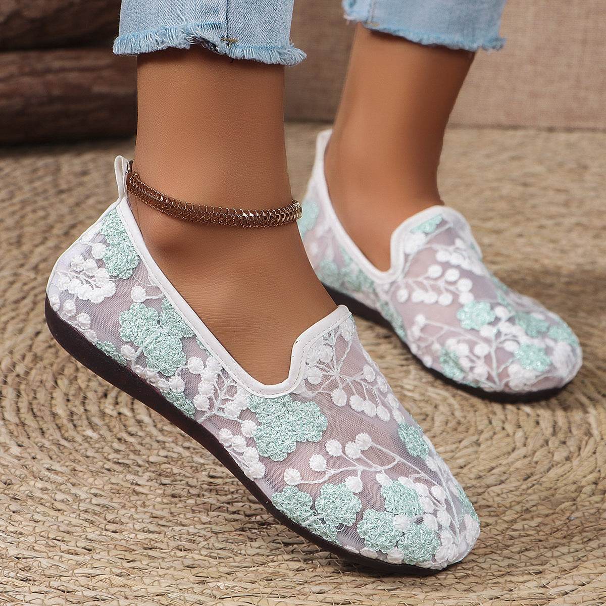 New Lace Embroidered Flat Shoes Summer Breathable Casual Loafers For Women - Mubimart