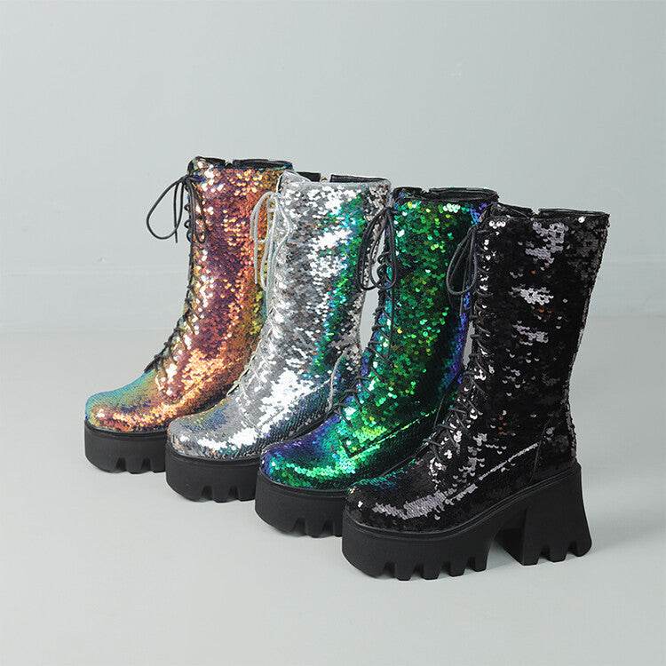 Sequins Mid-calf Martin Boots Round Head Front - Mubimart