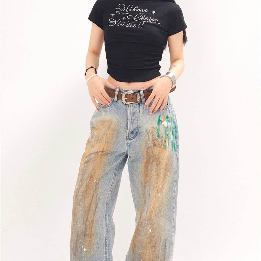 Splash-ink Wide-leg Jeans For Men And Women - Mubimart