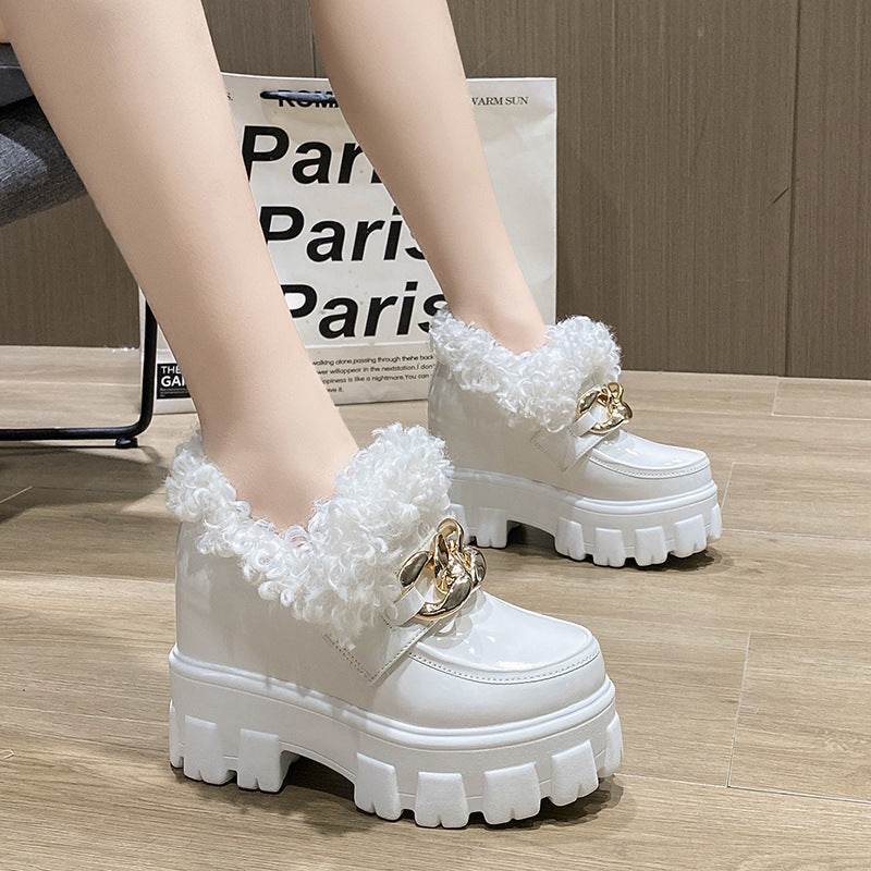 Fashion Plus Fluffy Mouth Thick Soled High Loafers Women - Mubimart