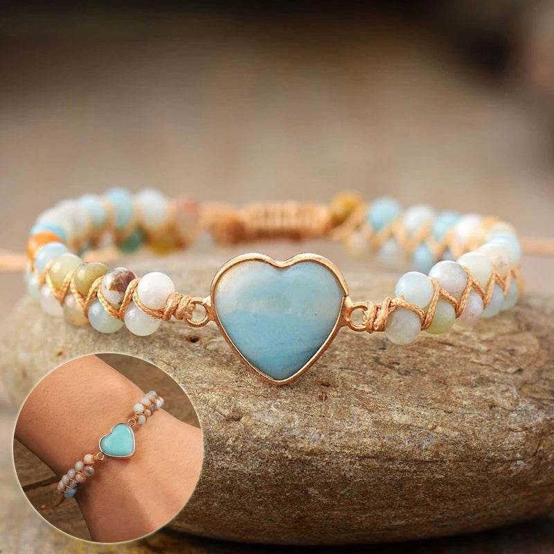 Classic Heart Shape Charm Bracelets Amazonite String Braided Macrame Wristband Teengirls Wrap Bracelet Femme Women Jewelry - Mubimart