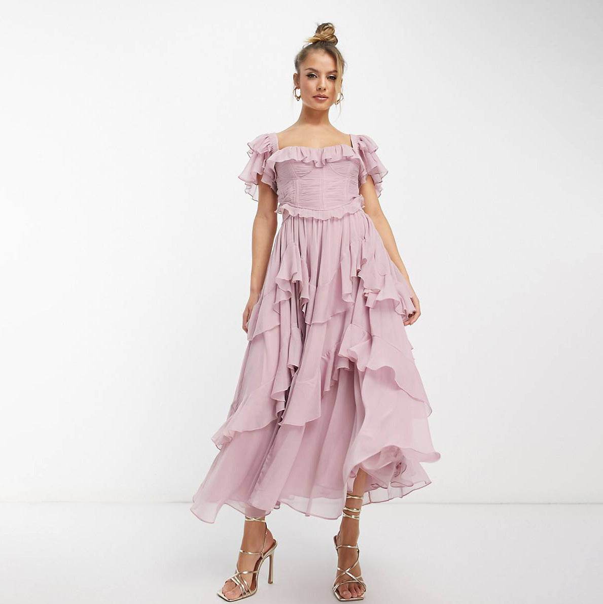 Summer Holiday Ruffled Short-sleeved Dress Fashion Backless Square Neck Long Dresses For Party Womens Clothing - Mubimart