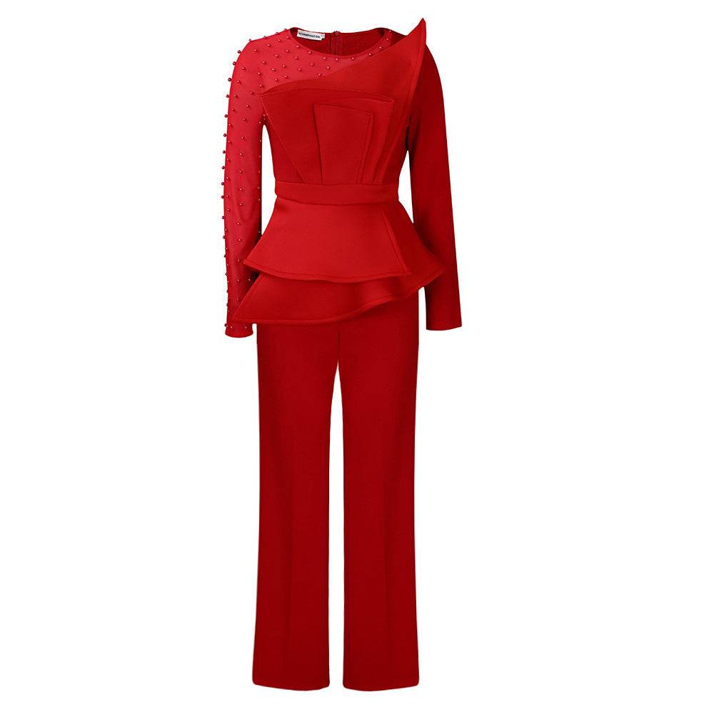 Long Sleeve Mesh Splicing Beads Banquet Plus Size Jumpsuit - Mubimart