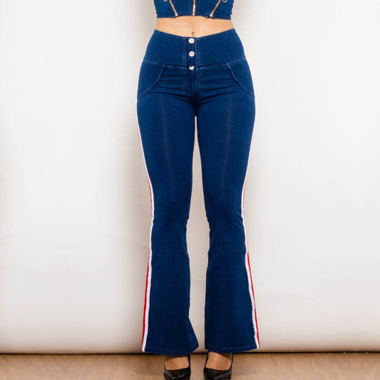 Shascullfites Melody Dark Blue Striped Flared Lift Jeggings Button Up Jeans Bum Lift Jeans High Waist Flare Jeans Women - Mubimart