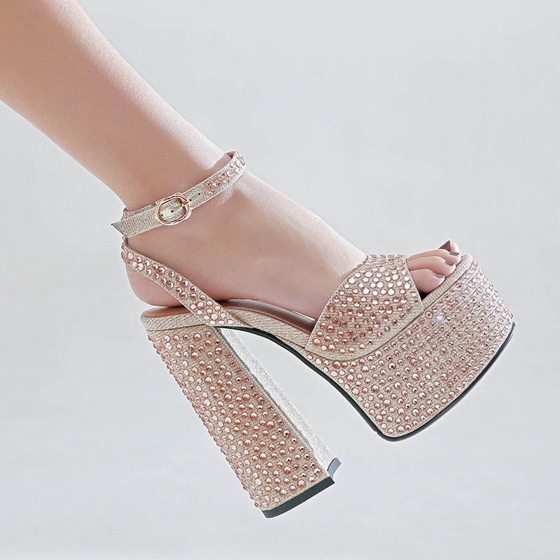 Women's Leather Block Heel Rhinestone High Heel Sandals