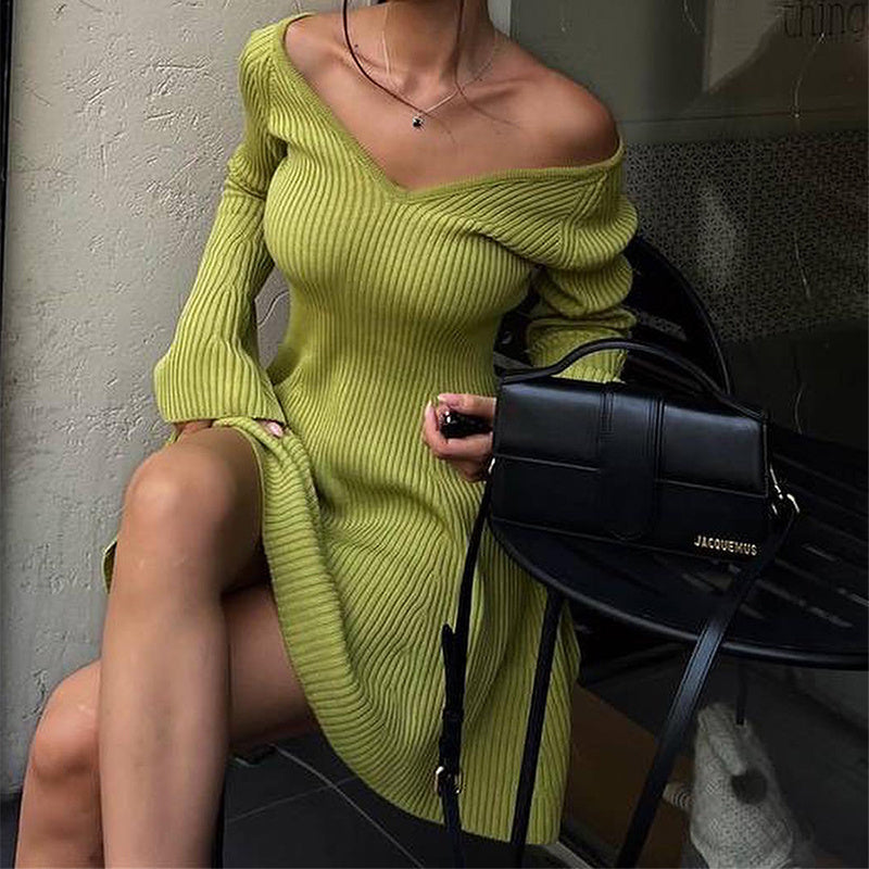 Sexy Slim V-Neck Long Sleeve Knitted Dress Fashion Tight High Elastic Ruffle A-Line Short Dresses Y2K Skirt Womens Clothing - Mubimart -  