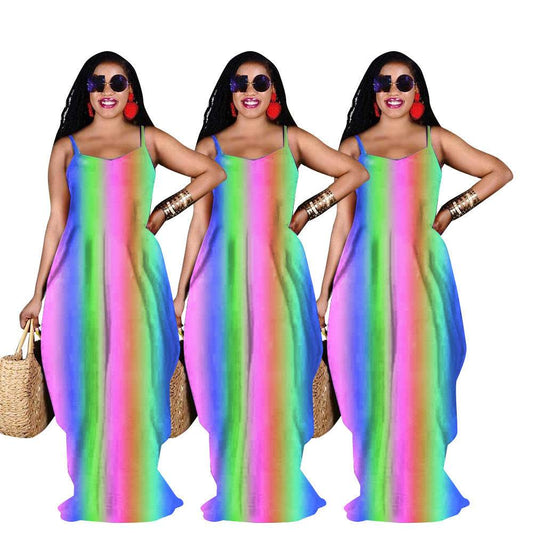 Rainbow Print Loose Slip Dress Maxi Dress - Mubimart