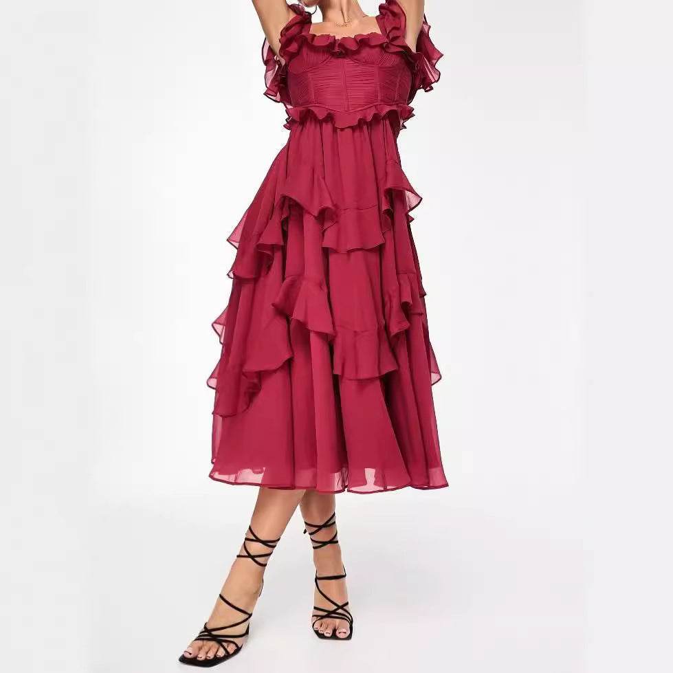 Summer Holiday Ruffled Short-sleeved Dress Fashion Backless Square Neck Long Dresses For Party Womens Clothing - Mubimart