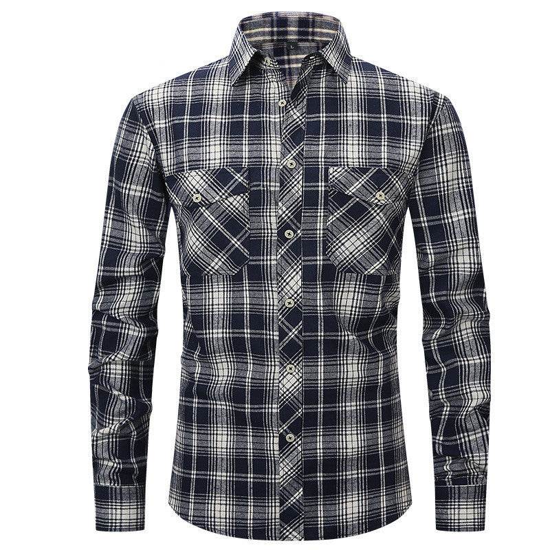 Men's Long Sleeve Double Pocket Flannel Shirt With Brushed Plaid - Mubimart