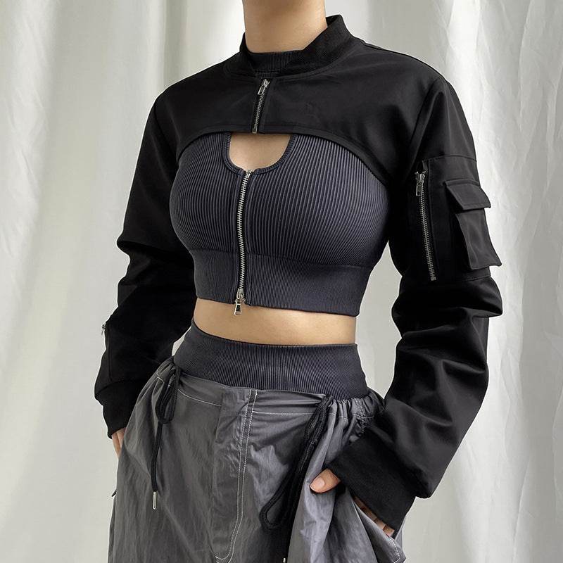 Workwear Style Zipper Short Blouse - Mubimart