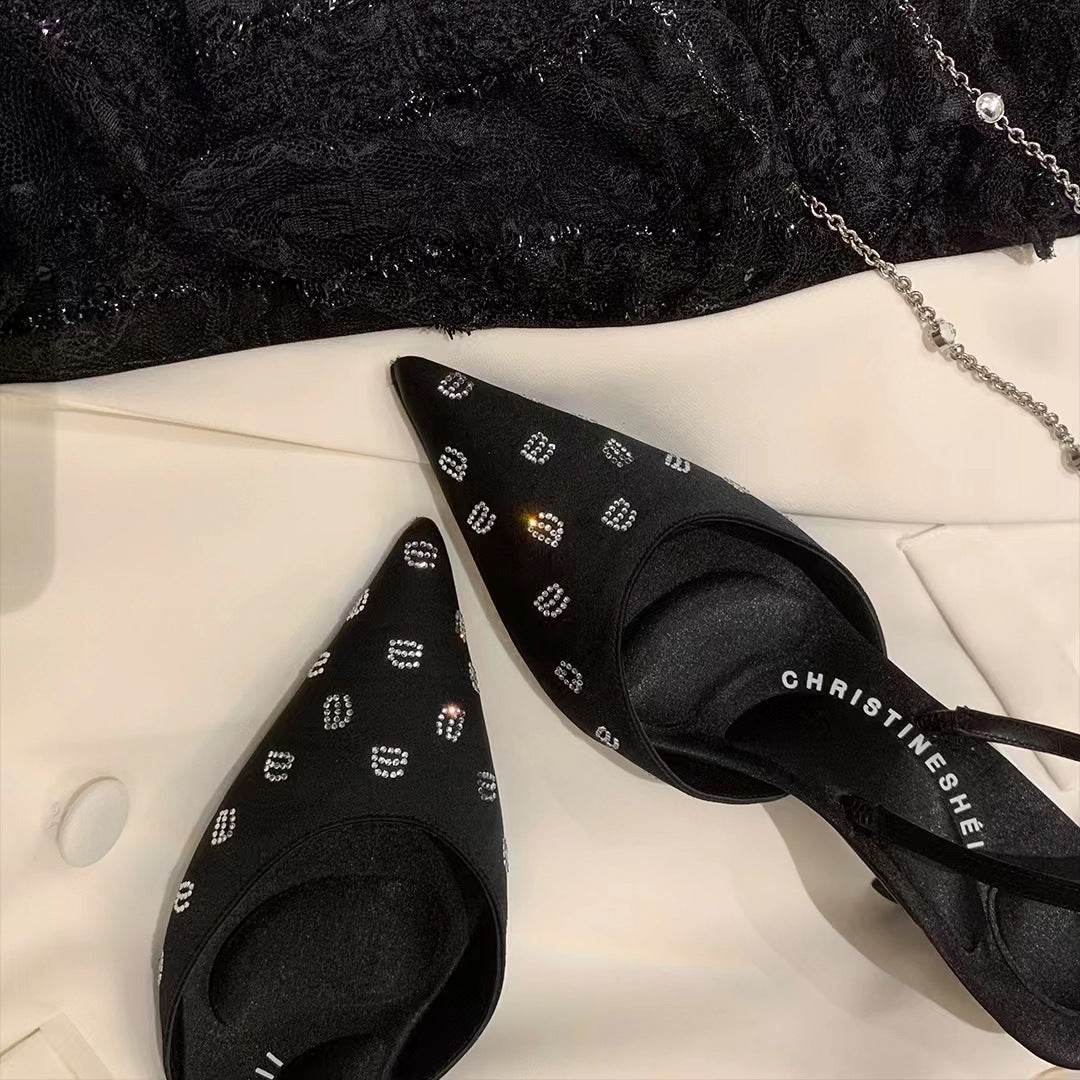 Rhinestone Letters Satin Slingback Pointed-toe Hollowed Stiletto Sexy High Heel Toe Box Sandals - Mubimart
