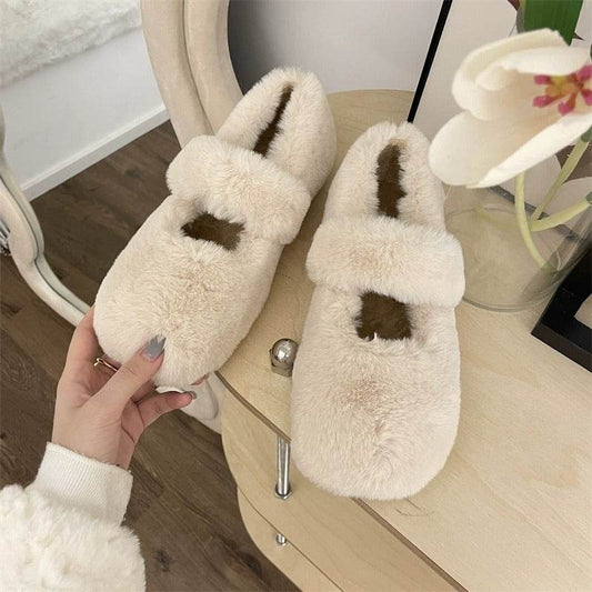 Mary Jane Fluffy Shoes Women's Winter Outerwear Flats - Mubimart