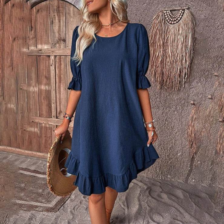Fashion Ruffle Short-sleeved Dress Summer Solid Color Round Neck Loose Straight Dresses Womens Clothing - Mubimart
