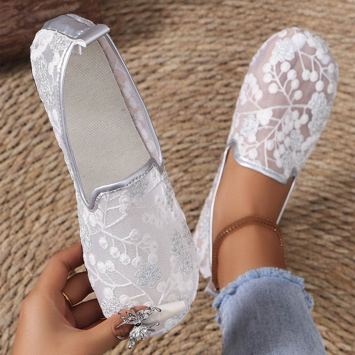 New Lace Embroidered Flat Shoes Summer Breathable Casual Loafers For Women - Mubimart