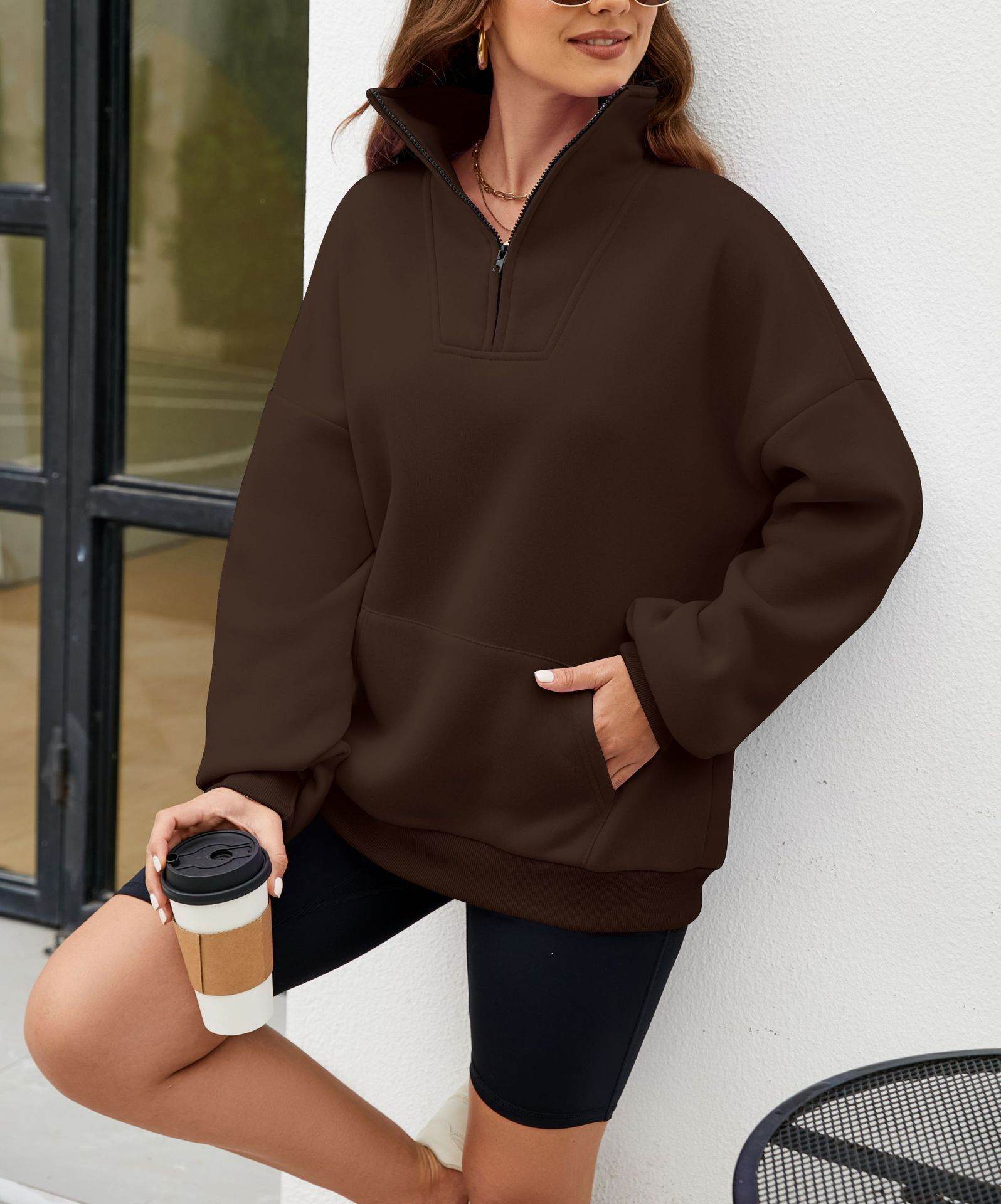 Y2K Solid Color Stand Collar With Pocket Zipper Sweatshirt Casual Sports Loose Top Women's Clothing - Mubimart
