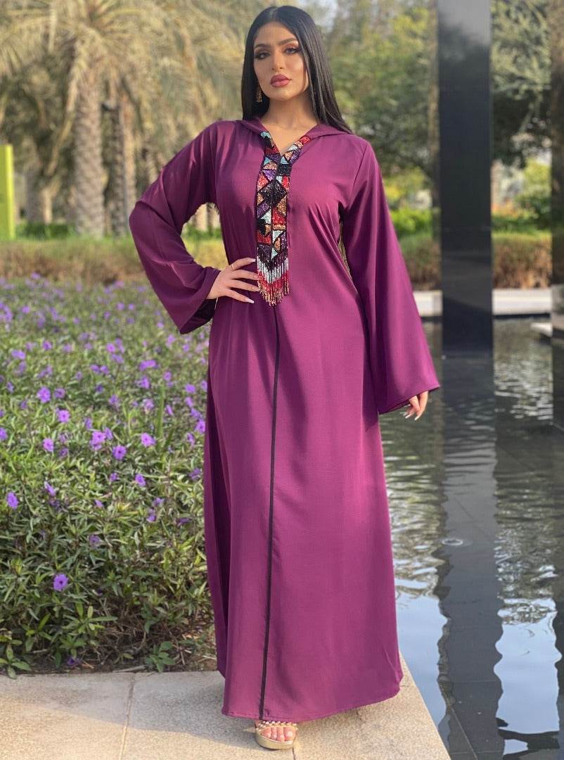 Hooded Robe Purple Dress With Diamond Tassels Women - Mubimart