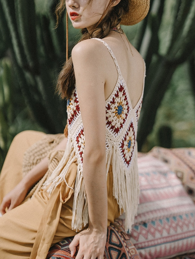 Bohemian Tassel Spaghetti-strap Camisole Top - Mubimart -  