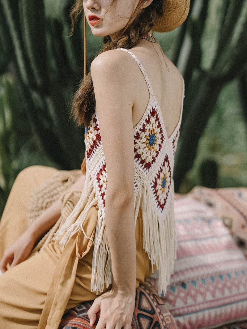 Bohemian Tassel Spaghetti-strap Camisole Top - Mubimart