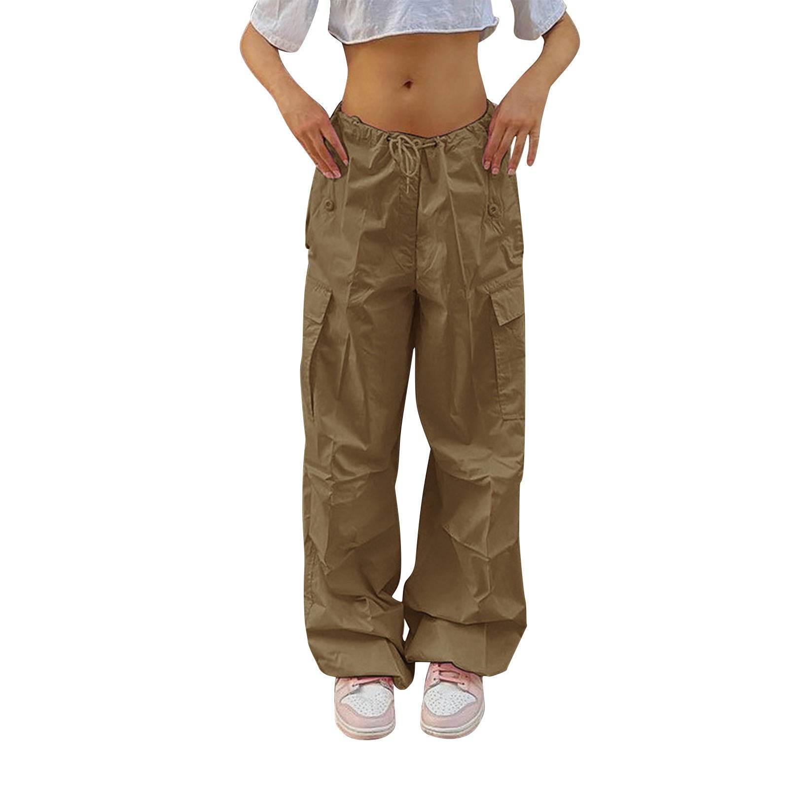 Casual Cargo Pants For Women Solid Color Drawstring Pocket Design Fashion Street Trousers Girls - Mubimart