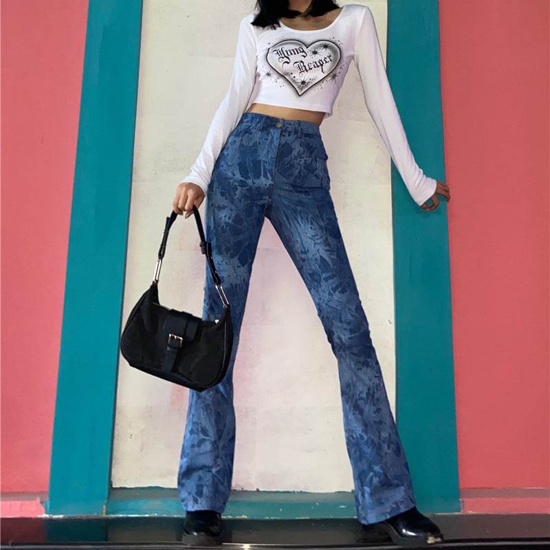 Women's Tie Dyed Bootcut Jeans High Waist Slim Skinny Fit - Mubimart