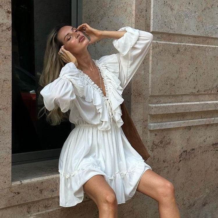 Fashion V Neck Pleated Ruffle Long Sleeve Dress Y2K V Neck Flared Sleeve Short Dress Women's Clothing - Mubimart