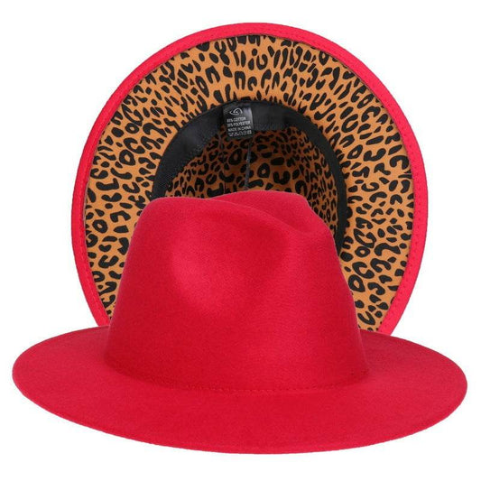 Double-sided Color-blocking Leopard Print Woolen Fedora Hat - Mubimart