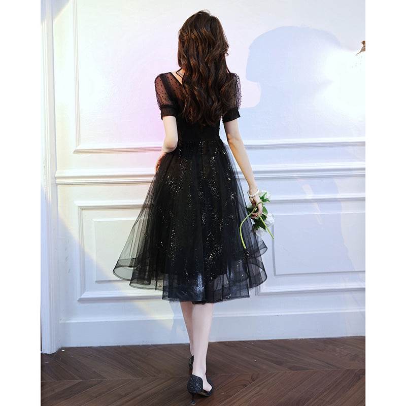 Black Sparkly Lace Cocktail Mini Prom Dress Evening Dress - Mubimart