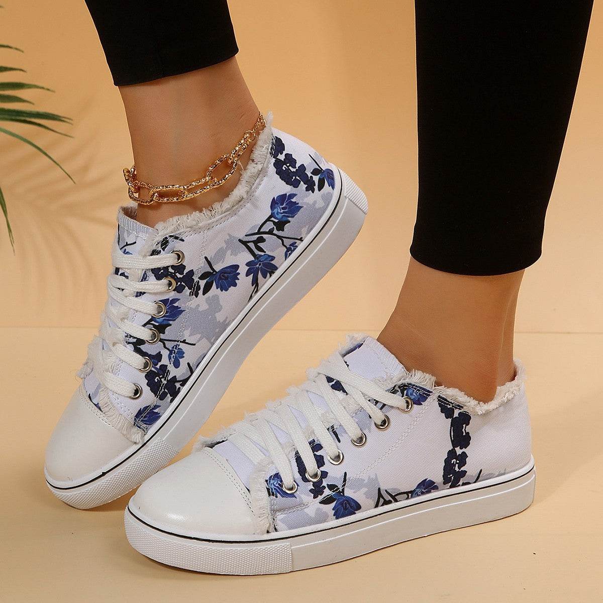 Casual Flat Canvas Shoes Flowers Lace-up Flowers Print Loafers Women Walking Shoes - Mubimart