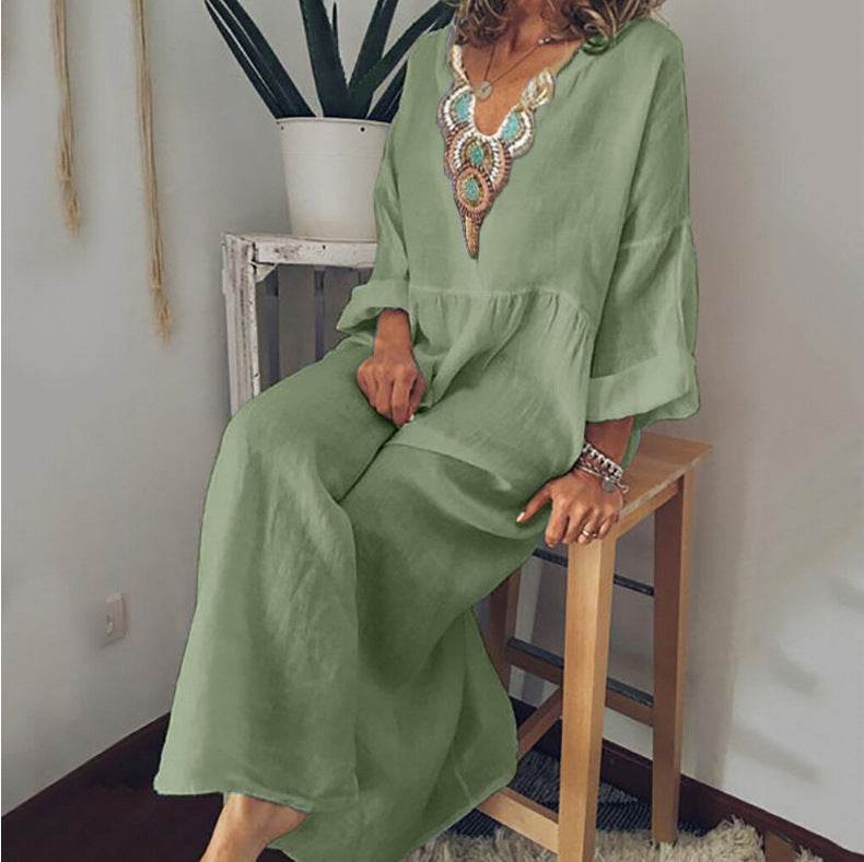 Loose Plus Size Casual Printed Long Sleeve Dress - Mubimart