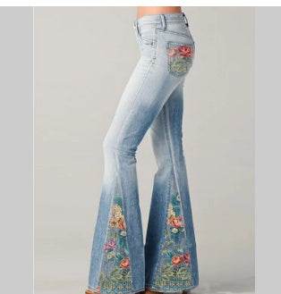 Temperament Commuter Floral Print Panelled Flare Jeans - Mubimart