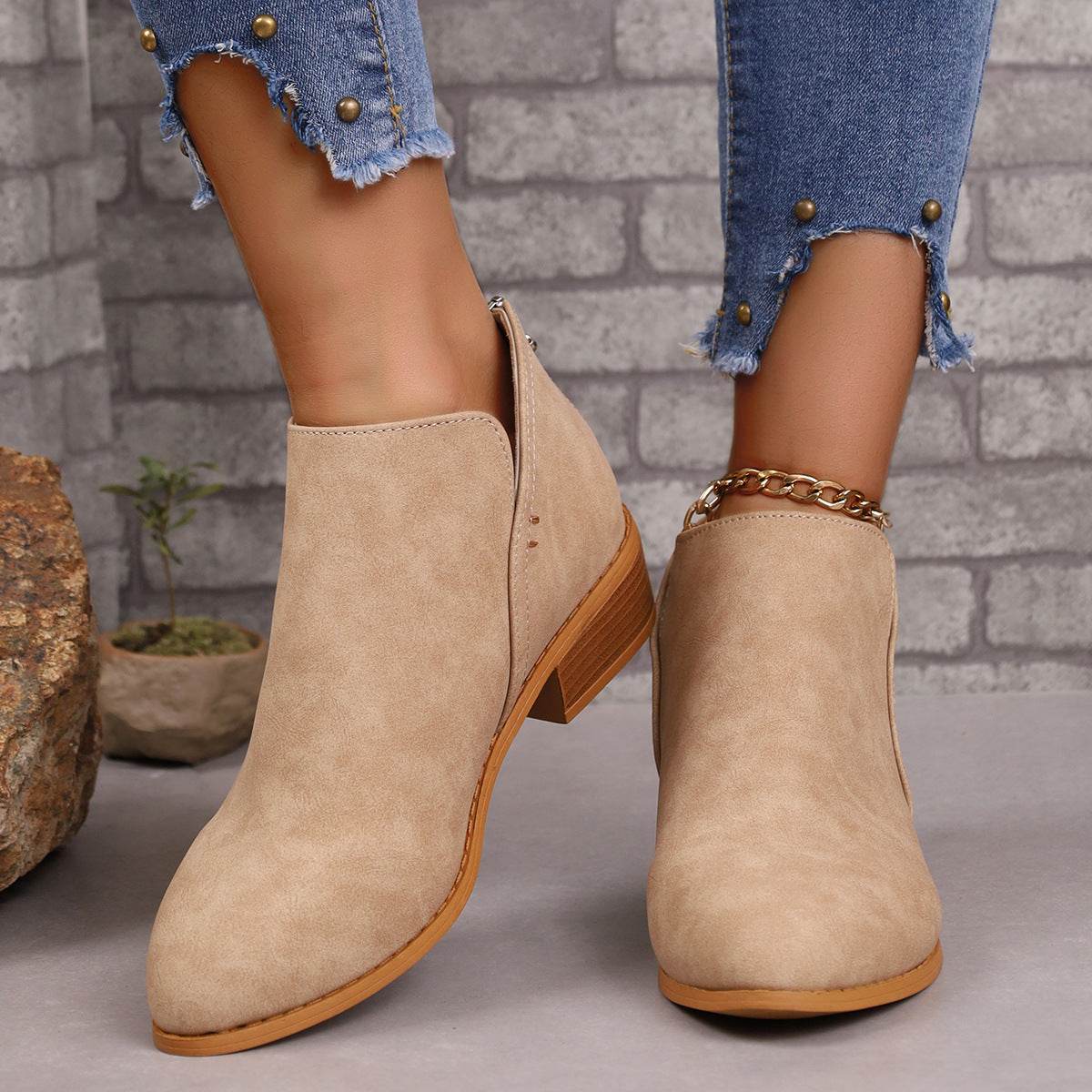 Chunky Heel Pointed Toe Ankle Boots With V-cut Design Fashion Fall Winter Short Boots For Women Shoes - Mubimart