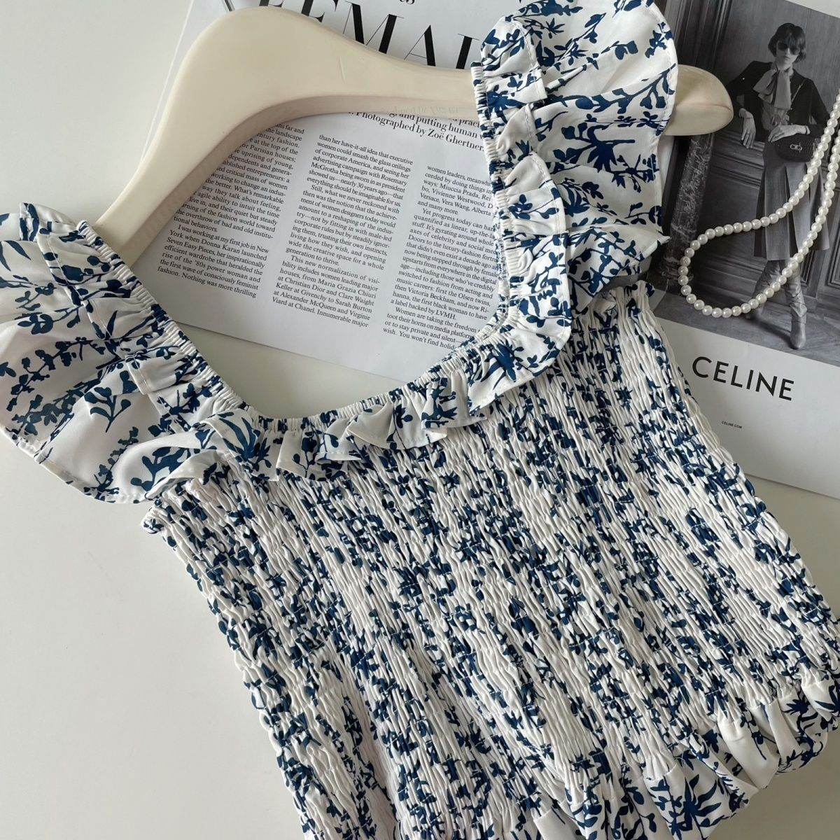Blue Floral Slip Dress Flying Sleeve Vacation Dress - Mubimart