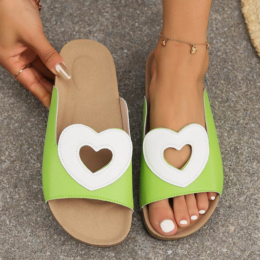 New Hollow Love Sandals With Heart-shape Design Fashion Summer Flat Slides Shoes Casual Vacation Beach Slippers For Women - Mubimart