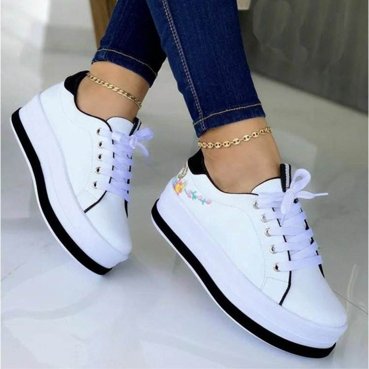 Flowers Embroidery Sneakers For Women Platform Shoes - Mubimart