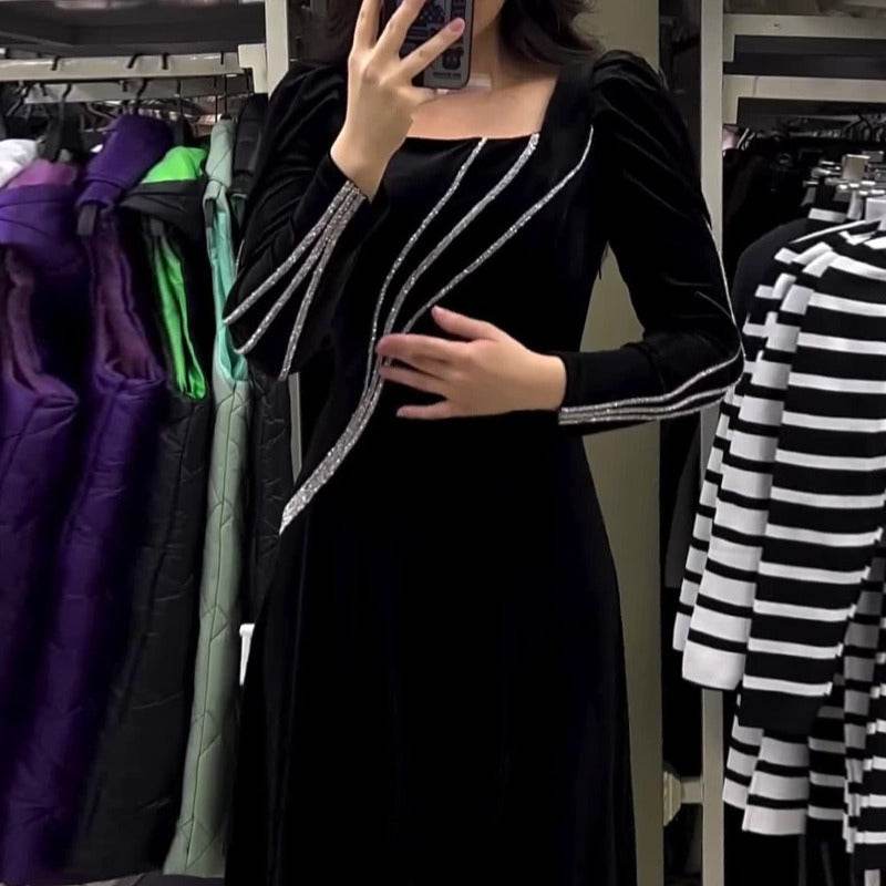 Long Sleeve Rhinestone Maxi Dress - Mubimart