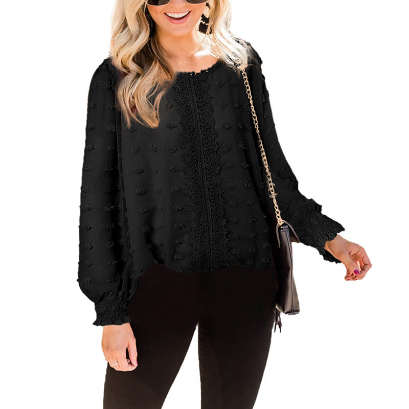 Chiffon Jacquard Lantern Long-sleeved Round Neck Blouse Women