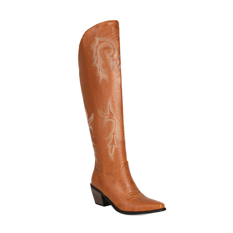 Embroidery Sleeve Western Cowboy Boot Chunky Heel High Heel