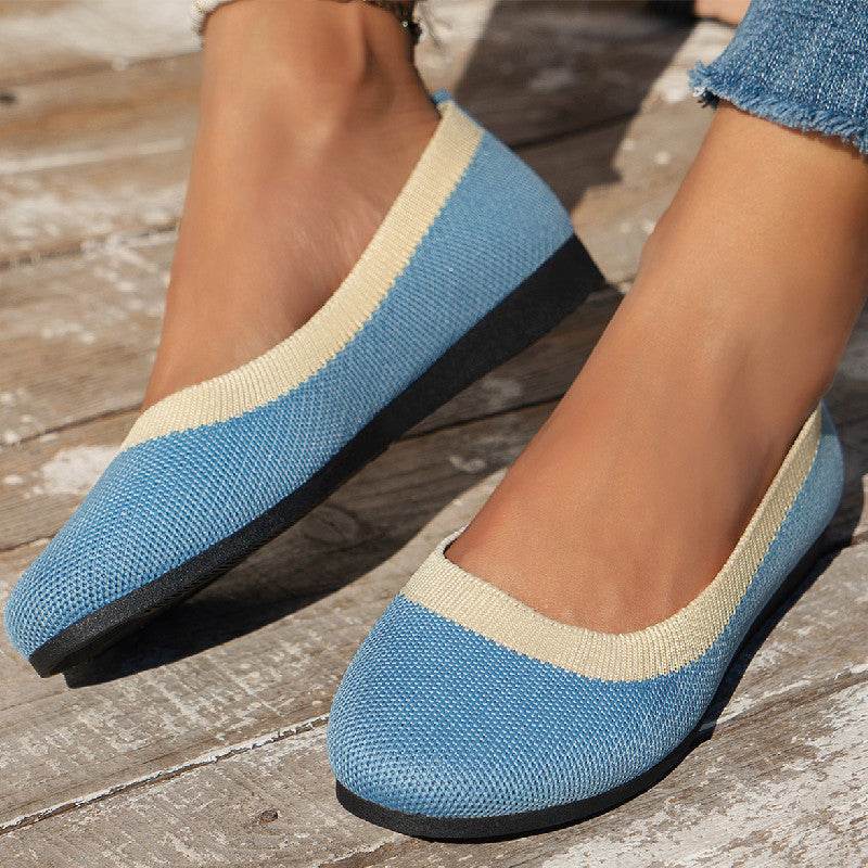 Knit Breathable Low-cut Pumps Flat Round Toe Slip-on Flying Woven Lazy Work Shoes - Mubimart