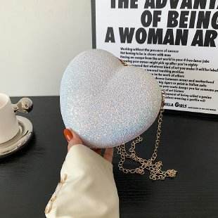Evening Clutch Bag Women Bag Shiny Handbag Heart Shape Metal Clutches Bag Fashion Chain Shoulder Crossbody Bag Luxury Lady Purse Valentines Day Outfit - Mubimart