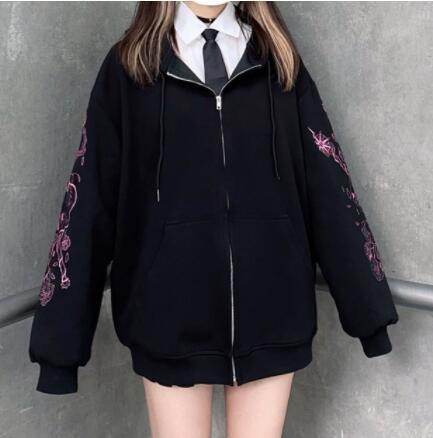 Hoodie Round Neck Loose Letter Rhinestone Zipper - Mubimart